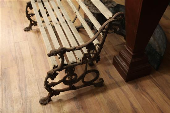 A Victorian Coalbrookdale cast iron grape and serpent garden bench, W.4ft 3in.